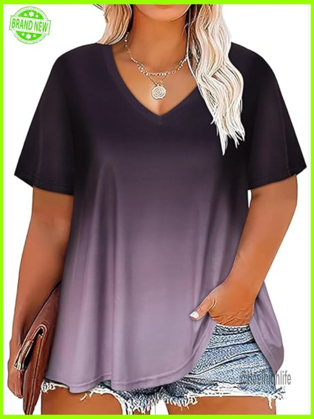 Plus Size V-Neck Tunic Top Loose Fit Short Sleeve Summer Blouse